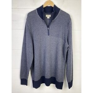 Bob Timberlake Sweater Mens L Merino Wool Blue Gray Houndstooth Pullover 1/4 Zip